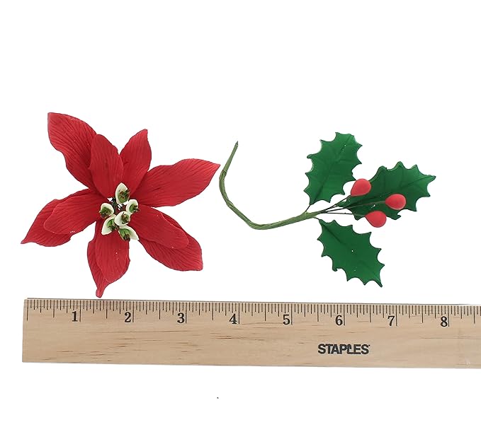Global Sugar Art Small Poinsettia Christmas Kit Sugar Cake Flowers & Holly Leaf Sprays, 3 Piece set by Chef Alan Tetreault. Christmas & Holiday Cakes, Yule Logs & Gingerbread Houses