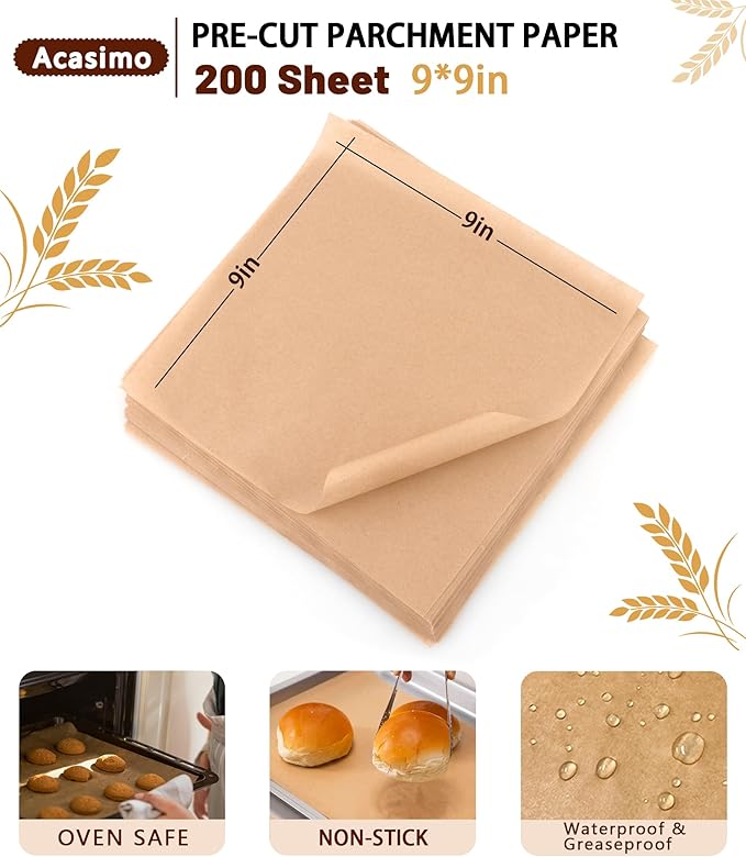 200PCS Parchment Paper Sheets, 9x9in, Squares Baking Paper for Baking, Air Fryer, Steaming, Grilling, Roasting, Wrapping, Precut Non-Stick Square Pan Liners, Oven Paper for Bread (Brown, 9x9 in)