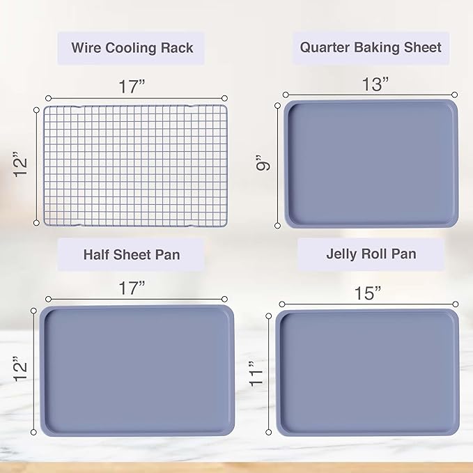 3 Cookie Sheets for Baking + Cooling Rack, Non Stick Baking Sheet Set with Cookie Cooling Rack - Half/Quarter/Jelly Roll Pan with Wire Rack, Sheet Pan Set of 3, Non Toxic Baking Sheets for Oven.