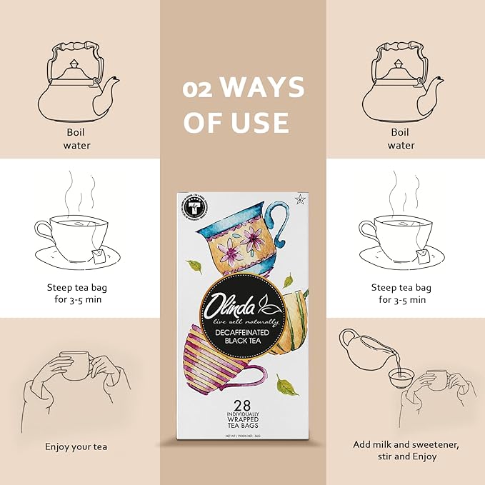 Olinda Decaffeinated Black Tea Premium Organic Sugar Free Decaf Flavored 28 Individually Wrapped Tea Bags Enjoy Hot or Iced Smooth Relaxing & Antioxidant Rich Evening Tea