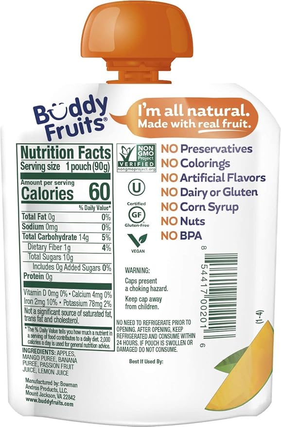 Buddy Fruits Pure Blended Fruit Snack To Go Apple, Mango, Banana and Passion Fruit Applesauce 3.2oz (Pack of 12) | 100% Real Fruit | No Sugar, Non GMO, Vegan, No Preservatives, Certified Kosher