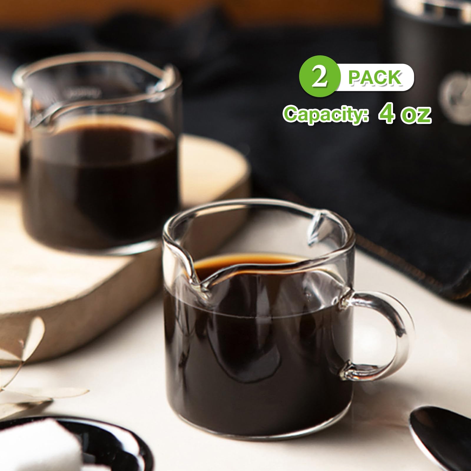 Qipecedm Espresso Cups Set of 2, 4 OZ Double Spouts Cups, Shot Glasses, Milk Cup with Handle, Clear