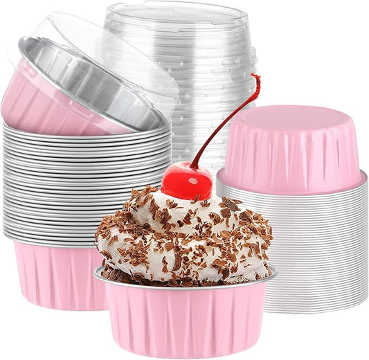600 Pack Pink Bulk Packaging Mini Cake Pans With Lids, Alluminum Cupcake Containers, 5oz Dessert Cups with Lids for Cake Baking Sales Party Mini Storage Box Stackable Portable