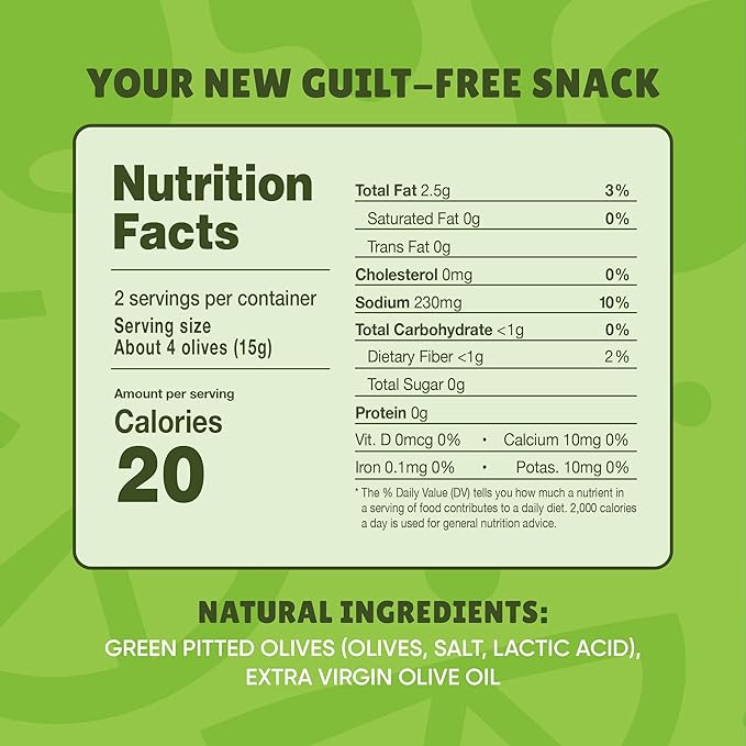 Freestyle Snacks Olive Snack Packs - Single Serve - Fresh Pitted Green Olives, Jumbo-Sized, Grown in Greece, All Natural, Non-GMO, Paleo, Sugar-Free, Keto, Salty Snack - Variety, 1.1oz (24 Pack)