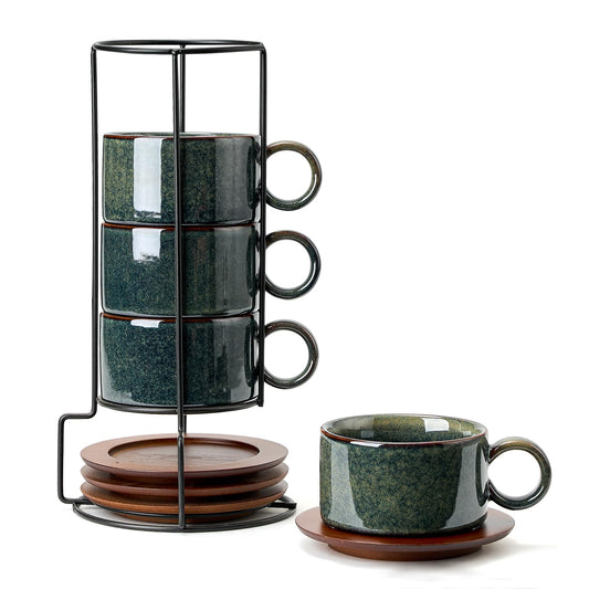 LUKA 6 Ounce Porcelain Stackable Espresso Cups with Saucers and Metal Stand Set of 4, Ceramic