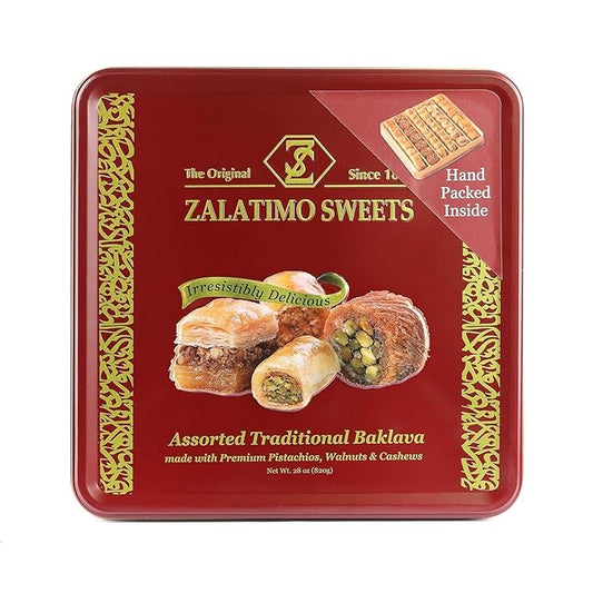 Zalatimo Sweets Since 1860, 100% All Natural Assorted Baklava, Slightly Sweet Baklava in Square Metal Gift Tin, No Preservatives, No Additives, No Corn Starch, No Syrups! 1.8Lbs