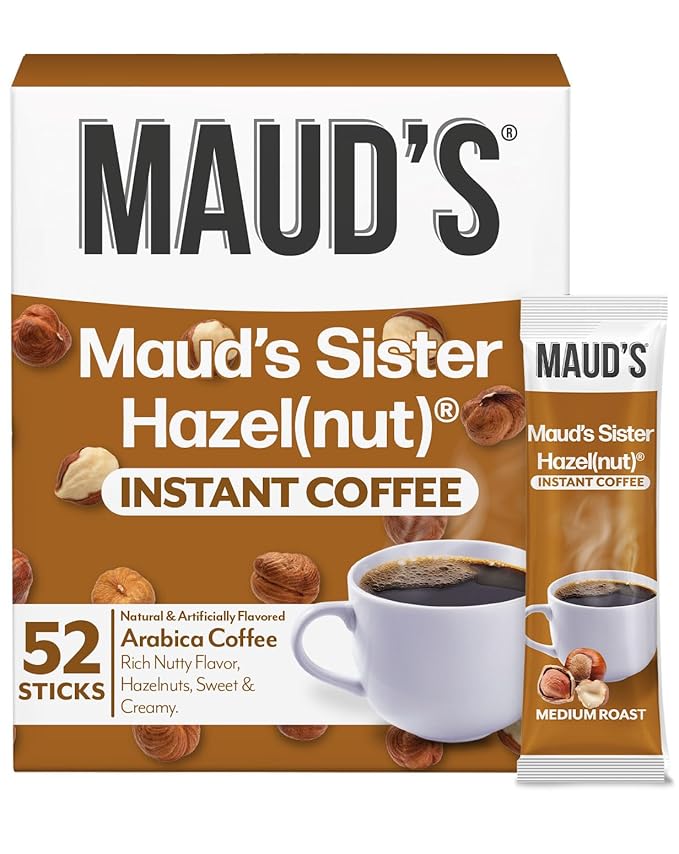 Maud's Sweet Hazelnut Flavored Instant Coffee, 52 ct, 100% Arabica Coffee, Medium Roast, Instant Hot or Iced Coffee - Just add water