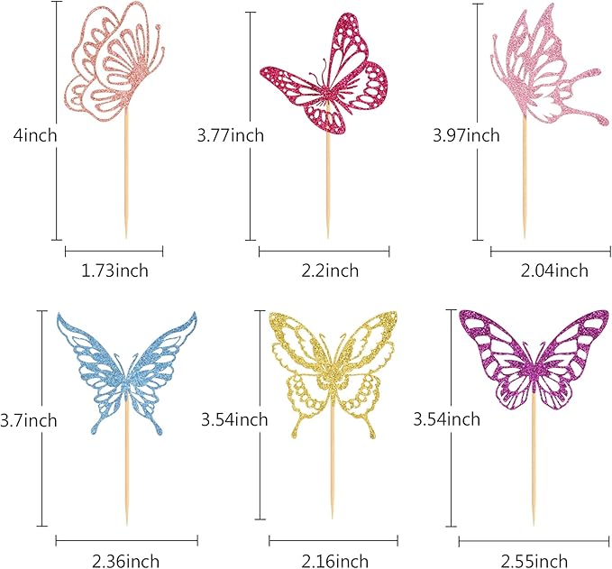 24 PCS Glitter Butterfly Cupcake Toppers Butterfly Theme Party Decoration for Wedding Baby Shower Birthday Party