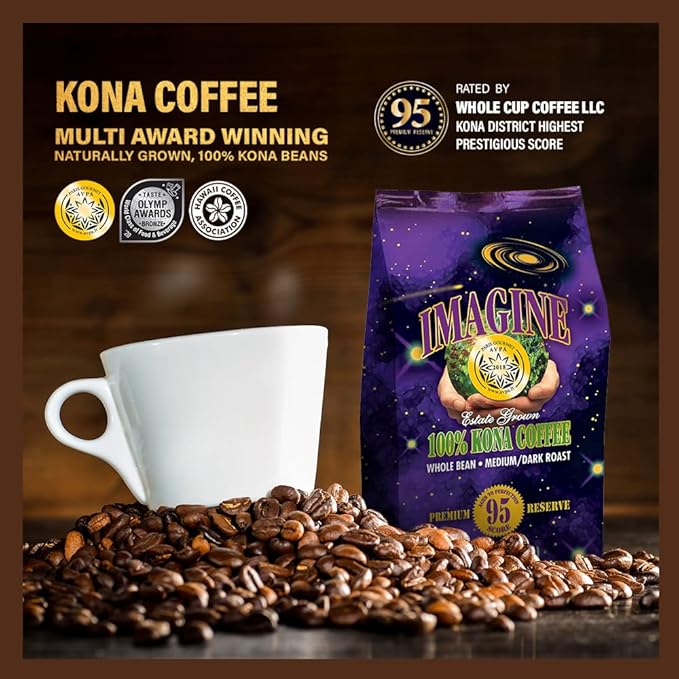 Imagine Kona Organic Coffee Beans | Arabica Kona Beans | Top Grade Air Roasted | Medium Dark Roast | Organic Whole Bean - 8oz