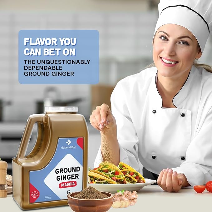 Dependable Foods Ground Ginger Spice – 5 Lb. Bulk Jar - Non-GMO, Kosher, Salt-Free, Allergen-Free| Zesty Spice Delight