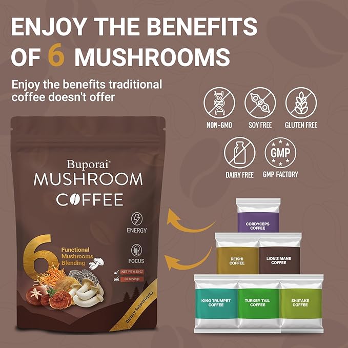 Mushroom Coffee, Instant Mushroom Coffee with 6 Mushrooms Lion?™s Mane, Cordyceps, Turkey Tail & Other for Energy, Focus, Digestion, Immunity, 30 Servings (1 Pack)