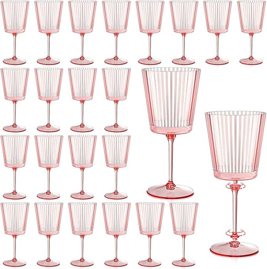 24 PCS Pink Plastic Wine Glasses with Removable Stems 13.5 OZ Ribbed Wine Glass Set Square White Wine Glasses Muted Pastel Colors Goblets Elegant Fluted Glassware for Wedding(Pink, 24 Pack)