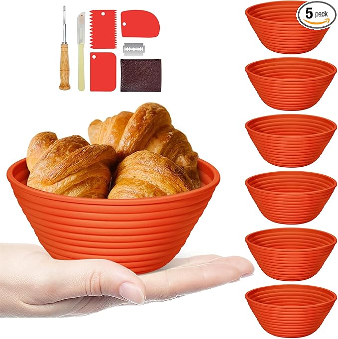 Silicone Banneton, Sourdough Bread Baskets (Set of 6, 5 Inch), Round Proofing Bread Bowls with Starter Kit, Bread Making Baking Supplies