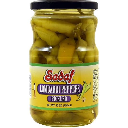 Sadaf Pickled Lombardi Peppers - Mild Lombardi Peppers for Cooking and Food Flavoring - Pickled Bannana Peppers - Kosher - 23 oz Jar
