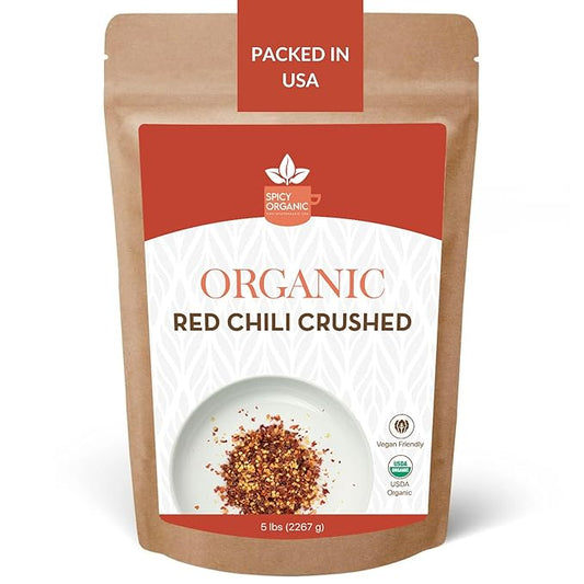 SPICY ORGANIC Crushed Red Pepper Flakes 5 lbs - Robust Chili Peppers Seasoning Spice - USDA Organic, Kosher, Non-GMO- Perfect for Pizza, Pastas, Salads, Sauces, Stews, Marinades and Pickled Vegetables