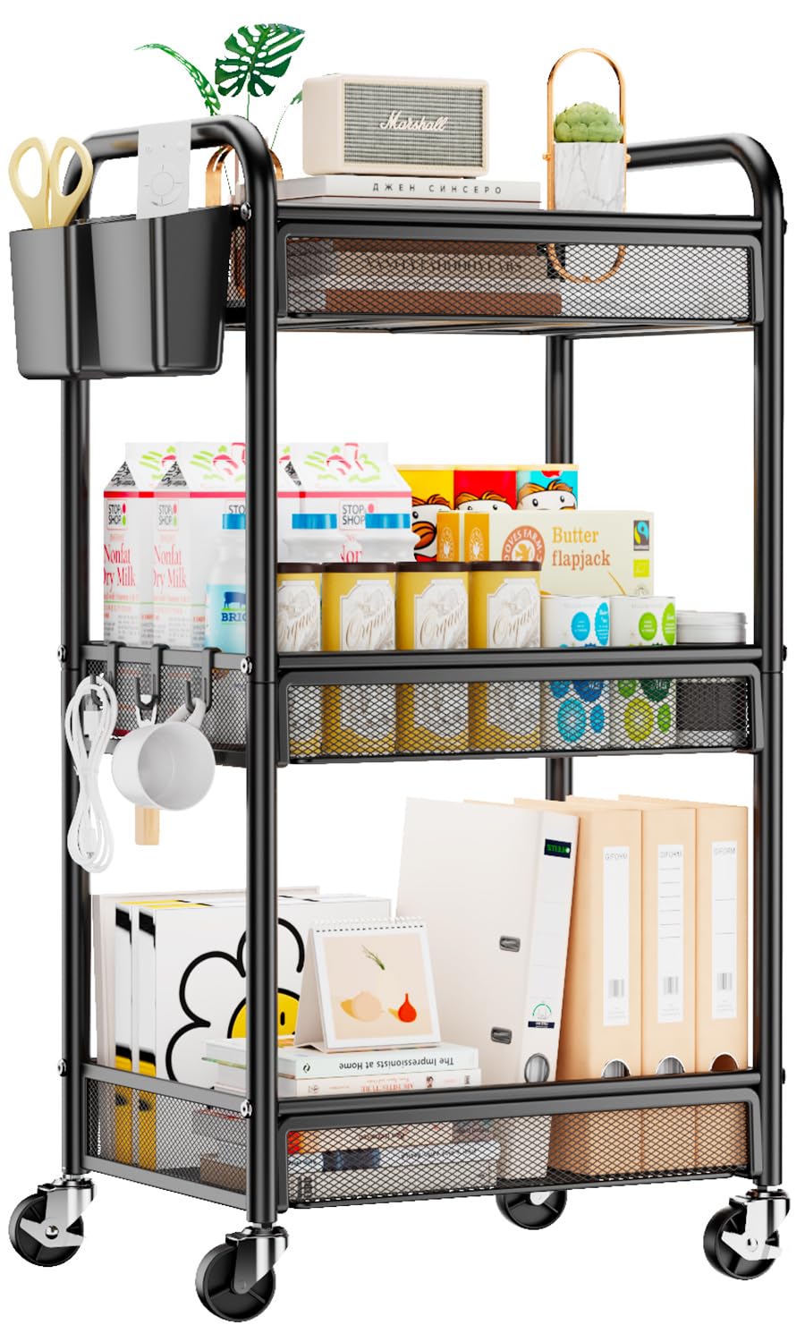 YASONIC 3 Tier Metal Rolling Cart, Black Utility Storage Cart with Wheels