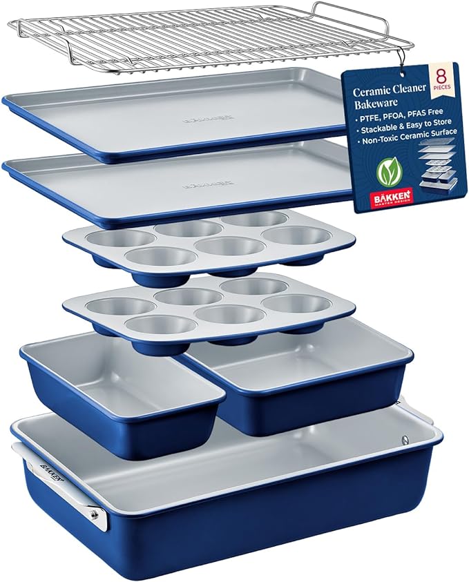 Bakken 8-Piece Stackable Bakeware Set - Ceramic Non-Stick Coating, Baking Sheets, Assorted Baking Pans, PTFE, PFOA & PFOS Free - Healthy Baking, Ergonomic Handles, Cooling Rack, Non-Toxic, Oven-Safe