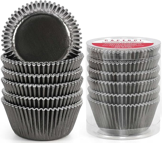 Caperci Black Foil Cupcake Muffin Liners Standard Size Baking Cups 150-Pack - Premium Greaseproof & Sturdy