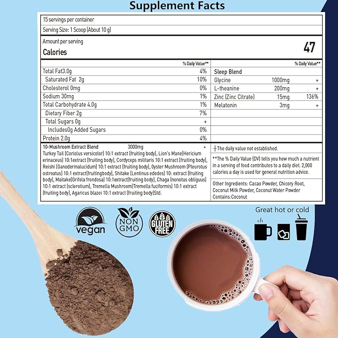 10 Mushroom Hot Cocoa, 3mg Melatonin Sleep Supplement, Sugar Free Keto Cocoa Powder, Nighttime Drink, 1000mg Glycine, 200mg L-Theanine, Help Fall Asleep and Stay Asleep, 15 Servings
