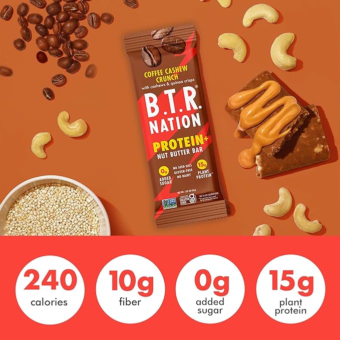 B.T.R. Nation Vegan Keto Plant Based High Protein & High Fiber Bars - Coffee Cashew Crunch Protein+ | 12 Bars | Low Carb & GF, Free of Sugar Alcohols, Dairy, Soy and with Powerful Superfoods!