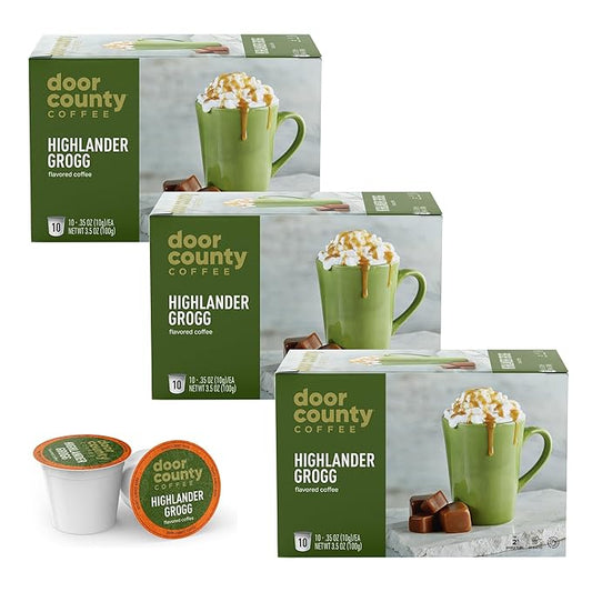 Door County Coffee Highlander Grogg Flavored Ground | 30 Count Single Serve Cups | Medium Roast | 100% Specialty Arabica | Flavored Gourmet | Caramel & Irish Cream