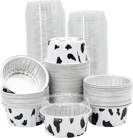 100 Pack 4.2oz Aluminum Cups with Lids Mini Flan Containers with Lids Cupcake Baking Cups, Cow Print