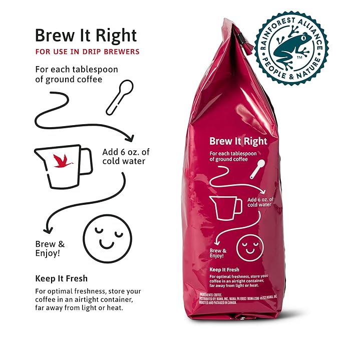 Wawa Ground Coffee Colombian Medium Roast, 12 oz Bag, Medium Bodied Blend with Chocolate & Fruit Notes, For Hot or Iced Coffee, 100% More Responsibly Sourced from Rainforest Alliance Certified Farms