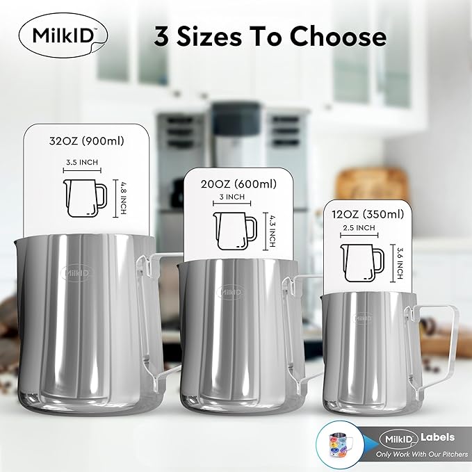 Milk Frothing Pitcher with 8 Allergen Silicone Snap-On Labels | Must-Have Barista Tool | Coffee Bar Accessories & Espresso Accessories Kit | (32oz / Pitcher + Labels)