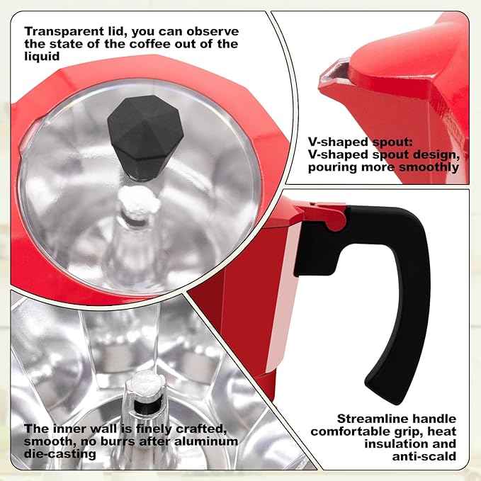 Electric Aluminum Moka Pot 5-6 Cup 270ml Espresso Maker with Detachable Base Ideal Coffee Makers for Home MochaPot Italian and Cuban Cafì±?Coffeemaker Espressomaker CoffeePot Red