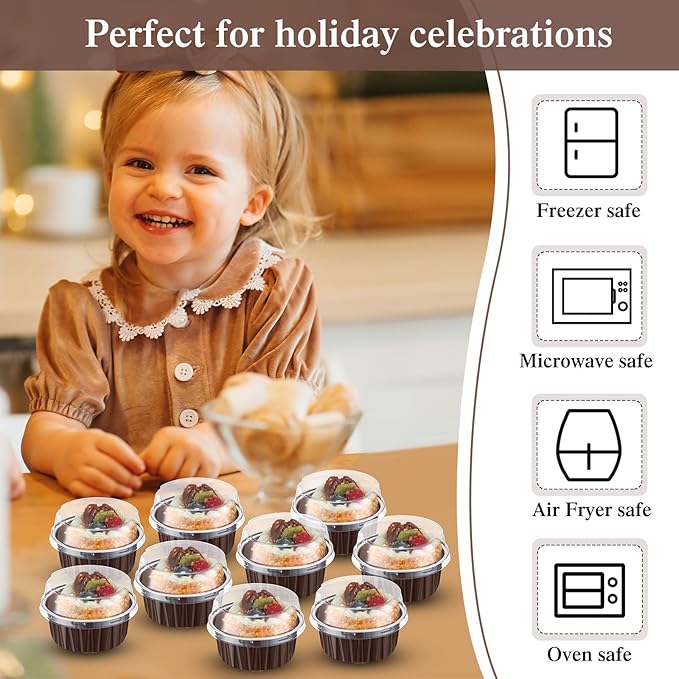 Gejoy 400 Pcs Aluminum Foil Baking Cups with Lids 5 oz Disposable Ramekins Mini Cake Pans Creme Brulee Cupcake Liners Muffin Tins Flan Mold Dessert Container for Wedding(Brown,Classic)