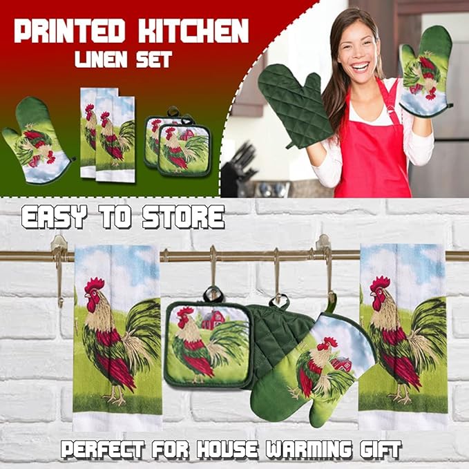 Lobyn Value Packs: 5-Piece Country Kitchen Towel Set ??Proud Rooster & Red Barn Motif, 2 Lightweight Terry Cloth Dish Towels Quilted Oven Mitt & 2 Potholders