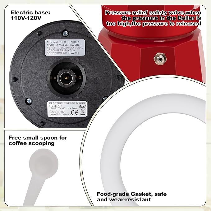 Electric Aluminum Moka Pot 5-6 Cup 270ml Espresso Maker with Detachable Base Ideal Coffee Makers for Home MochaPot Italian and Cuban Cafì±?Coffeemaker Espressomaker CoffeePot Red