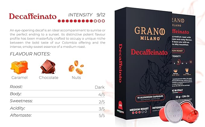 Grano Milano Decaffeinato - 50 Aluminium Espresso Pods Compatible with Nespresso Original line, Medium Roast - Intensity 9/12, Espresso Coffee Capsules Made in Italy