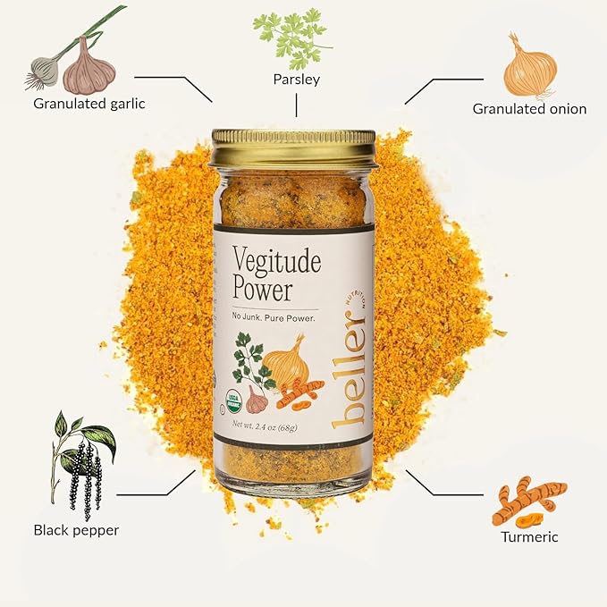 Beller Nutrition Vegitude Power | 1.4 oz | Organic Onion Powder & Garlic Powder No Salt Seasoning Spice Blend with Tumeric & Parsley | All-In-One Seasonings and Spices for Cooking Complete Seasoning