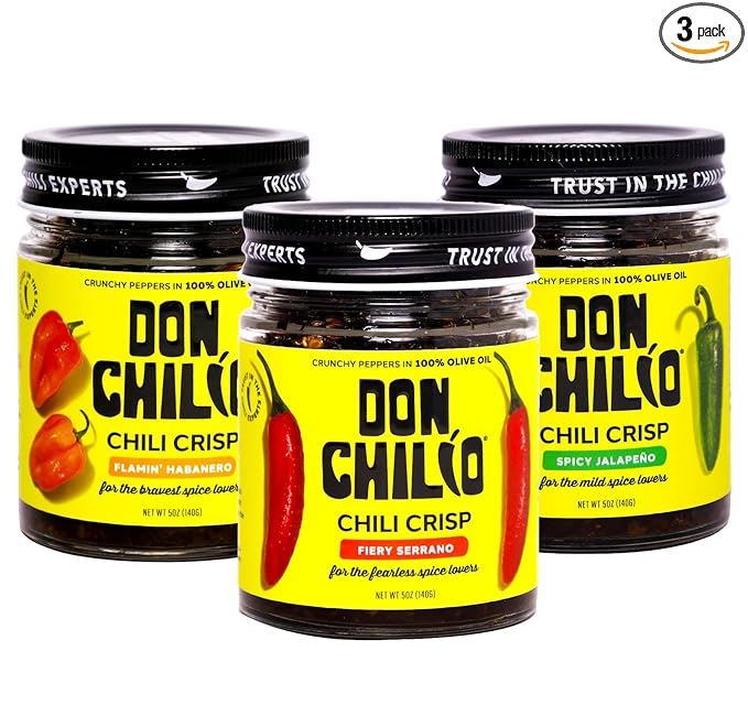 Don Chilio Mexican Chile Crisp Variety Bundle, 5 oz., 3 Pack – Crunchy Sliced Habanero, Jalapenos & Serrano Fried Chili Peppers in Hot Seasoned 100% Olive Oil – Keto-Friendly, Vegan, Gluten Free