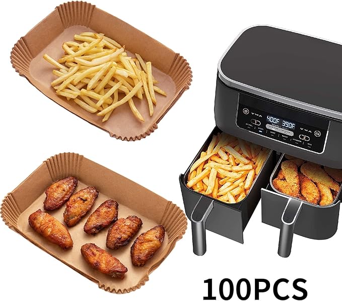 Air Fryer Disposable Paper Liner, 100PCS Food Grade Parchment Liners for Ninja DZ201,Ninja Foodi Dual Air Fryer Accessories Baking Paper (9 * 6, Natural)