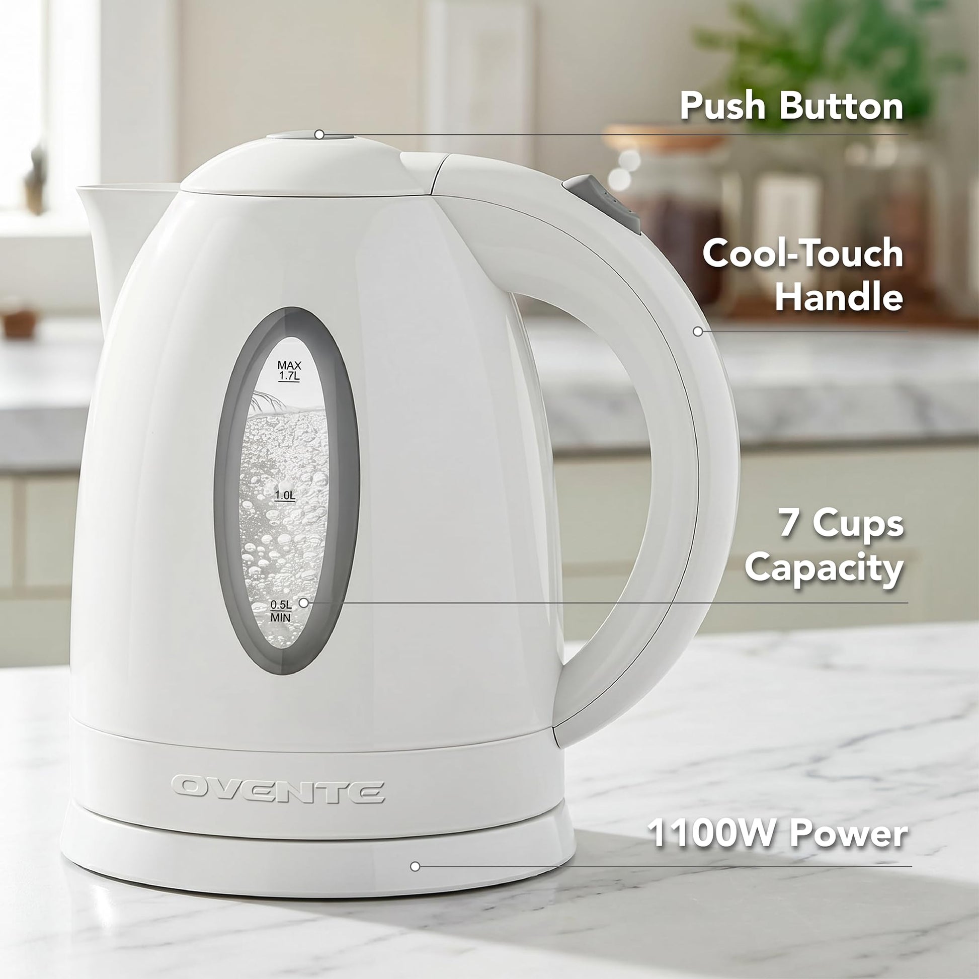 OVENTE 1.7L Electric Kettle with 1100W Fast Boiling Water, White KP72W