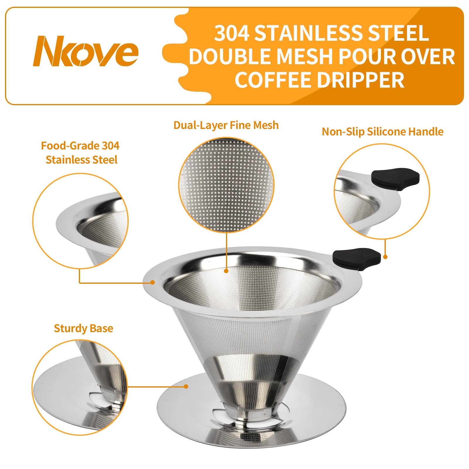 NKOVE Pour Over Coffee Dripper Stainless Steel Reusable Filter Coffee Maker
