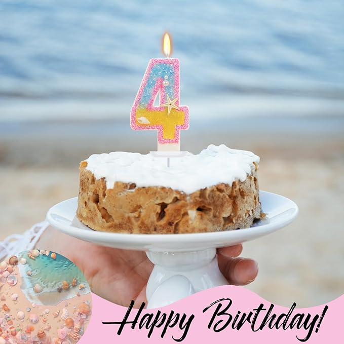 4th Birthday Candle for Cake, Pink Beach Starfish Sequins Number Cake Candles, 2.76 inch Pink Cake Topper Decoration for Birthday Party (Number 4)