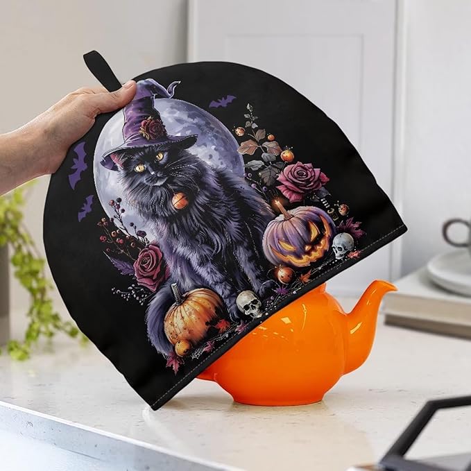 Halloween Teapot Dust Cover Tea Cozy for Teapot,Foldable Kitchen Kettle Dust Tea Pot Decorative Cover for Kitchen,Tea Cosy Jack-o'-Lantern Cat Print