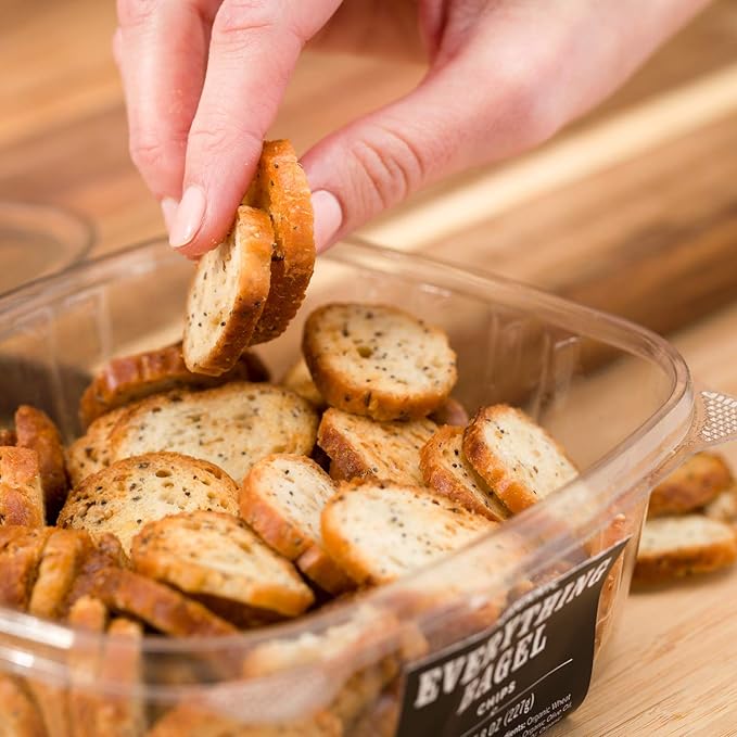 Everything Bagel Chips NY Style Bagel Crisps. Organic, Vegan, Kosher. From the artisans of Schwartz Brothers Bakery. Baked Fresh. Twice Baked. 8 ounce container. Great Snack. Delicious. Pack of 2.
