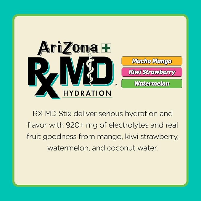AriZona Rx MD Hydration Stix Variety Bundle, 6 Stix per Flavor - Watermelon + Mucho Mango + Kiwi Strawberry, Drink Mix - 920mg of Electrolytes - 0.45 oz Powder Sticks (Pack of 18)