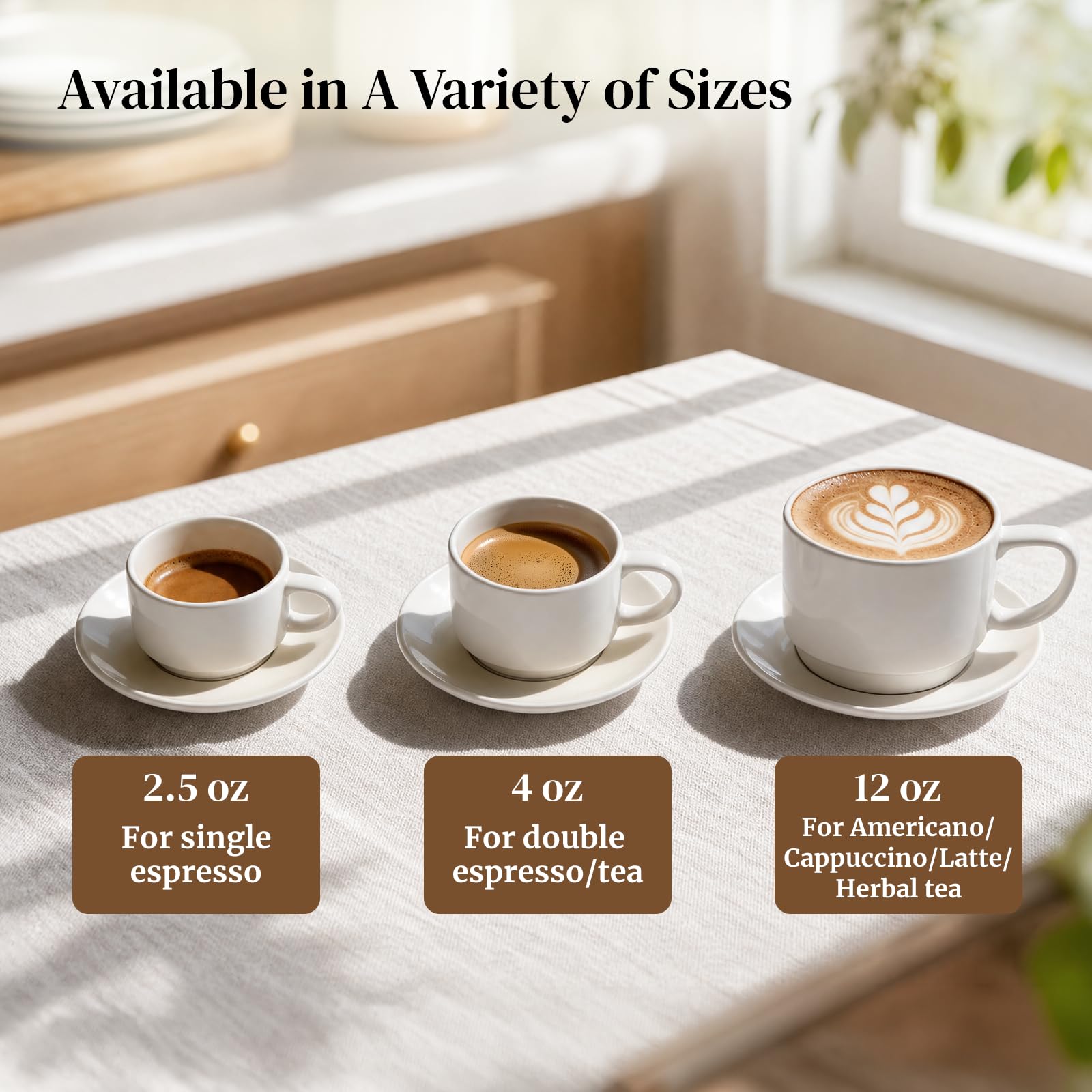 DOWAN 12oz Coffee Mugs, Cappuccino Cup and Saucer Set of 4, White Ceramic Coffee Cups for