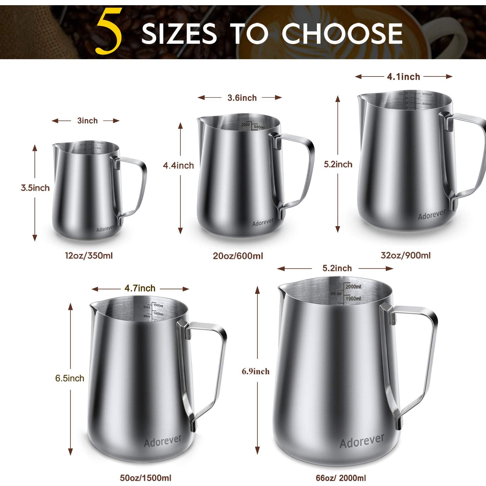 Milk Frothing Pitcher, 8.5oz/12oz/20oz/32oz/50oz/66oz Milk Frother Cup Stainless Steel, Espresso