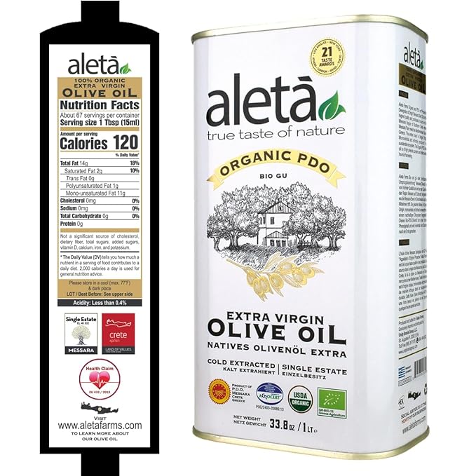 Aleta Farms Olive Oil Extra Virgin, USDA Organic, Single Estate PDO Polyphenol Rich Olive Oil, Cold Pressed, Global Gold Awards, EVOO, Kosher. 33.8 Fl Oz (Pack of 1)