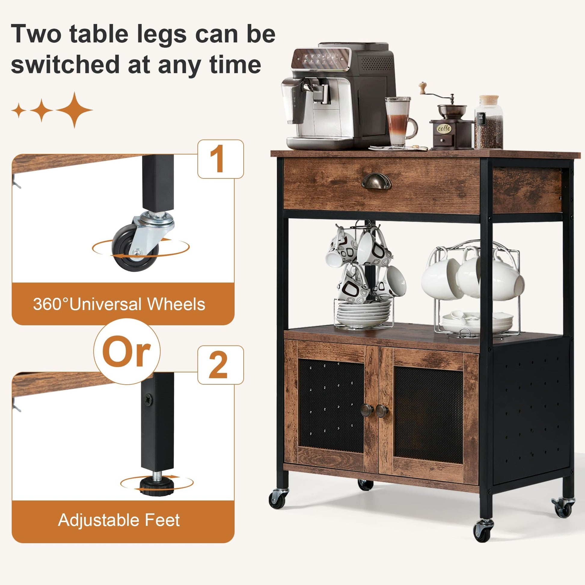 Catrimown Coffee Bar Cart Cabinet,3 Tier Coffee Station Table on Wheels,Coffee Cart with Storage