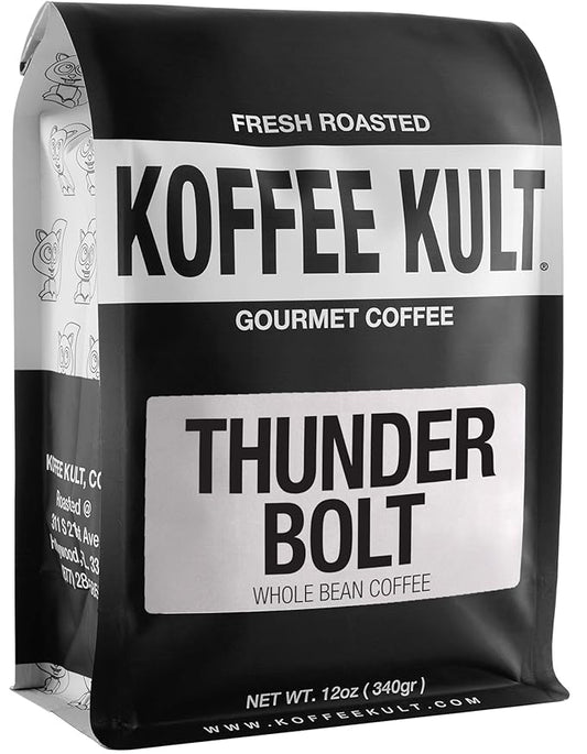 Koffee Kult Thunder Bolt - Whole Bean Coffee, Dark French Roast, 100% Arabica, Robust Blend, Bold Strong Artisan Flavor, 12oz Resealable Package