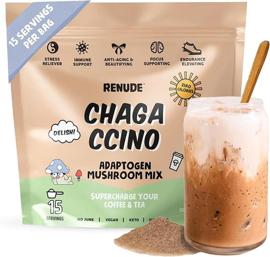 Renude Chagaccino - Chaga Mushroom Powder, Mushroom Coffee Drink Mix with Adaptogens, Natural