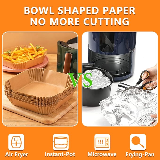 200PCS Air Fryer Liners Disposable: Square 7.9 Inch Non-Stick Airfryer Paper Liners - Food Grade Parchment Paper for 5 6 7 8 QT Air Fryer Baking and Roasting - Waterproof and OilProof (9 Inch on Top)