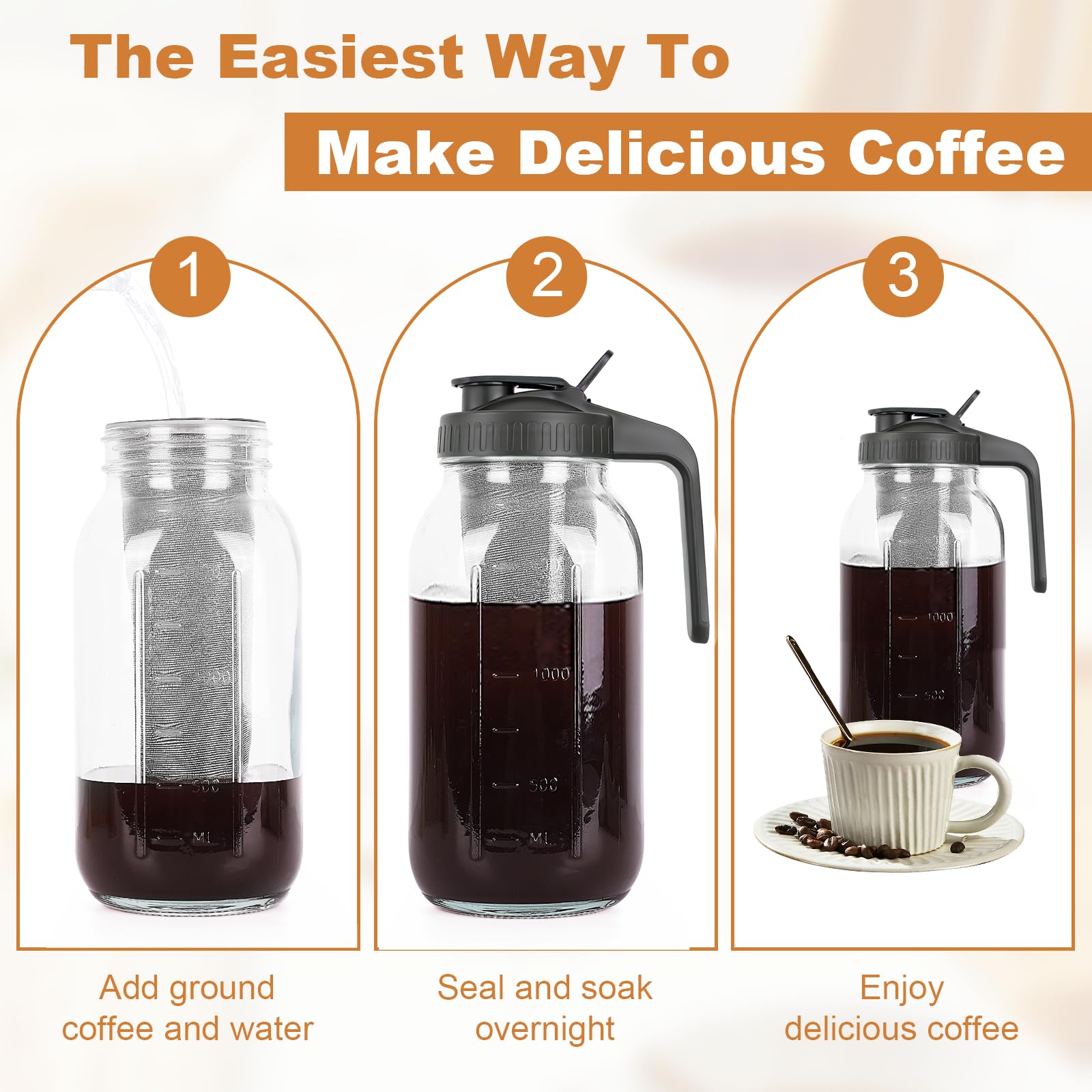 QHH Cold Brew Coffee Maker,64 oz Mason Jar Pitcher with Stainless Steel Filter, Pour Spout Handle